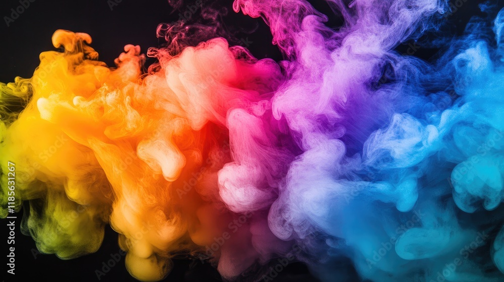 Poster vibrant rainbow smoke blending artistic colors in an abstract composition with dynamic flow and text