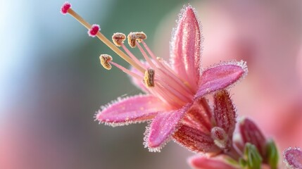 Macro shot of delicate pink flower revealing intricate details of petals and stamen against a blurred background showcasing nature's beauty.