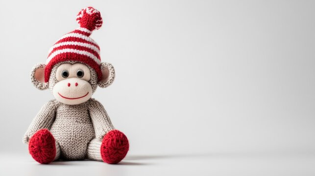Sock Monkey with Red and White Striped Hat Sitting on Plain White Background Perfect for Holiday Crafts and Nostalgic Decor