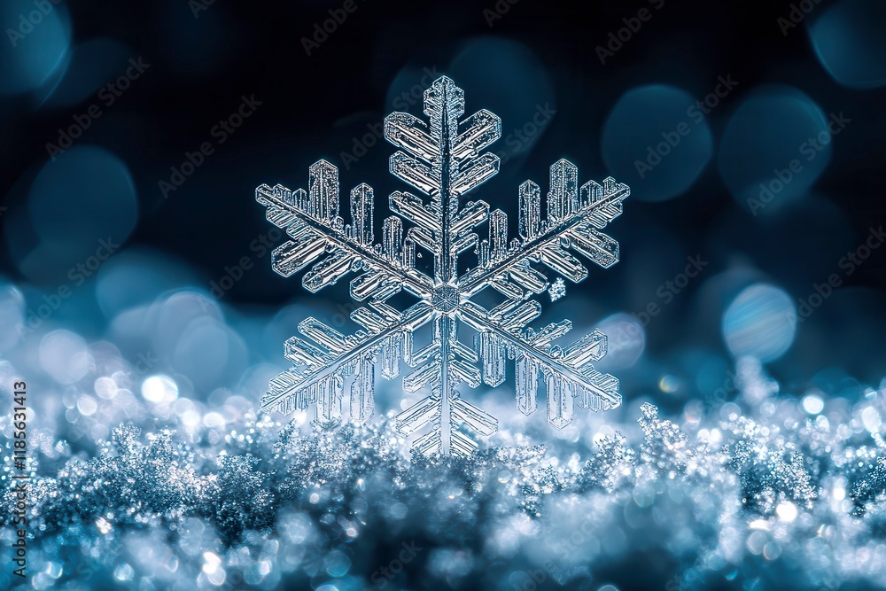 Poster close-up of an intricate snowflake on a dark background showcasing winter's beauty. generative ai