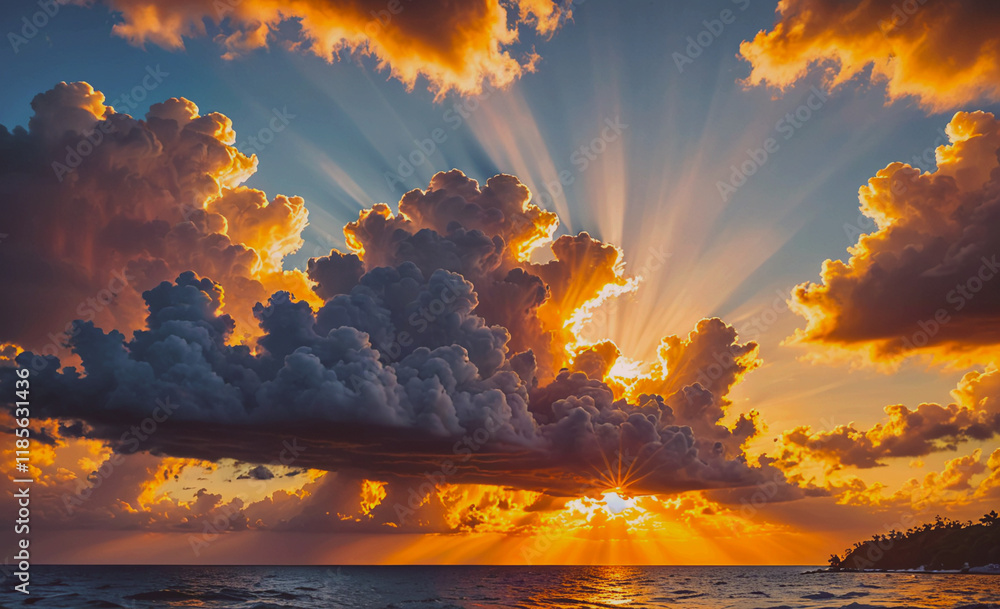 Aufkleber the sun is shining through the clouds in the sky. the clouds are white and fluffy. the sky is orange