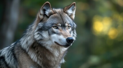 Detailed portrait of a gray wolf showcasing its majestic features and natural habitat, exuding strength and wilderness beauty.