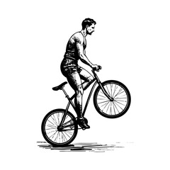 Obraz premium man riding bicycle sketch engraving black and white outline. Scratch board imitation.