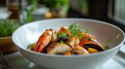 Succulent stone crab claws served in a white bowl garnished with herbs showcasing a delectable seafood dish on a kitchen table