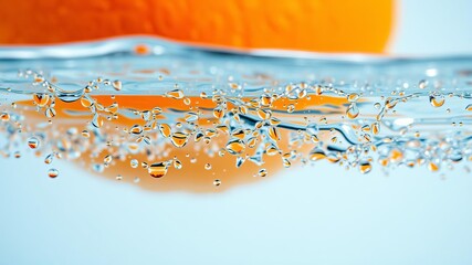 Macro shot of water splash colliding with orange water drops creating a vibrant and dynamic image, background, drops, liquid