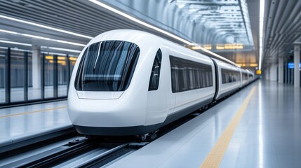 Naklejka premium Modern High-Speed Train at Sleek Station Interior with Bright Minimalist Design and Empty Platform