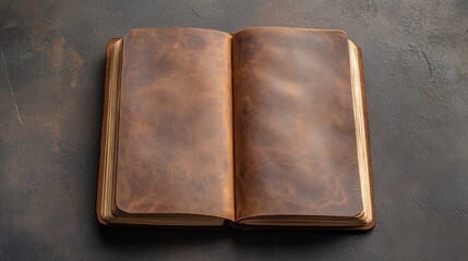 Antique Leather Bound Book with Blank Pages Displayed on a Dark Surface Top View