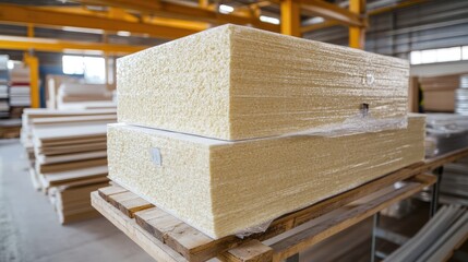 Racked rigid foam insulation panels in a manufacturing facility ready for installation and distribution to construction sites