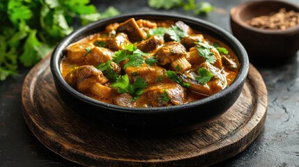 Mushroom curry in a black bowl with spices on a wooden platter garnished with coriander against a dark backdrop