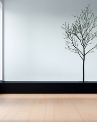 Minimalist interior design featuring a tree silhouette on a blank wall with wooden flooring