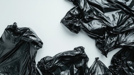 Close up of crumpled black plastic garbage bags on a clean white background showcasing waste management and recycling concepts