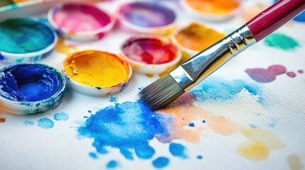 Obraz premium Watercolor painting tools with vibrant palettes and brush creating colorful splashes on white paper for educational art projects.