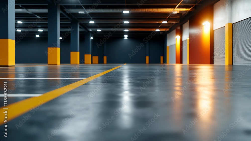 Poster expansive high capacity parking structure with a dynamic lighting system in an industrial urban envi