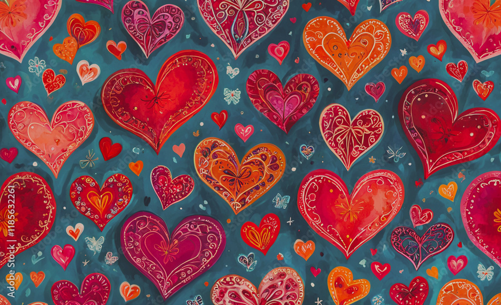 Poster Blue background with many red hearts. Some of the hearts are in the middle of the background and others are in the foreground