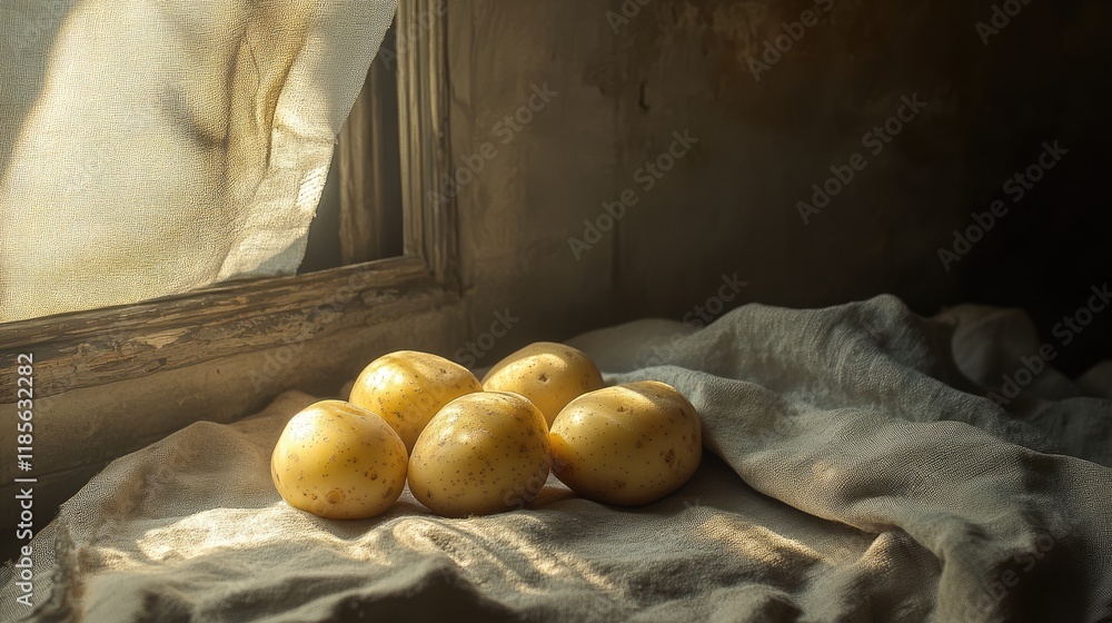 Poster natural light illuminating raw potatoes on a textured fabric surface near a window in a rustic setti