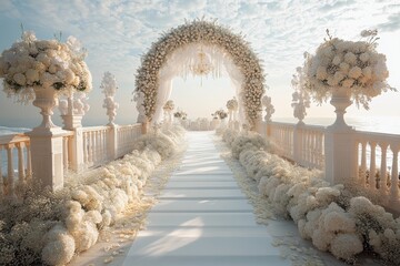 Beautiful white wedding archway with canopy is adorned with flowers and vases. Located on walkway, leading to beach