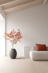 Modern interior design featuring minimalist decor with an orange accent in a bright room
