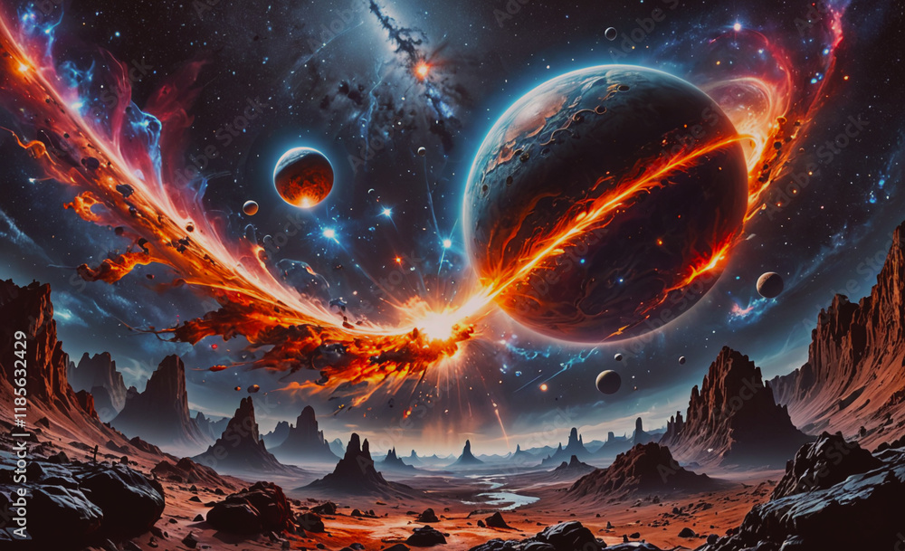 Poster painting of a space scene with a large planet in the center and smaller planets surrounding it. ther