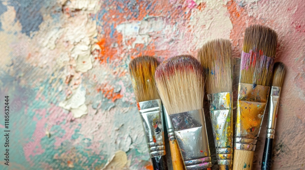 Aufkleber artistic paintbrushes arranged on colorful textured canvas creating a vibrant backdrop for creative 