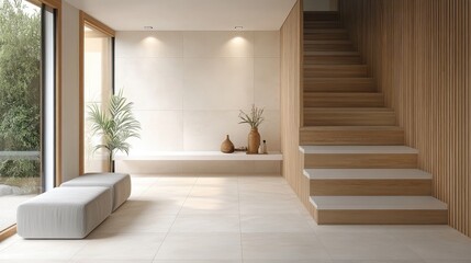 Fototapeta premium Contemporary kitchen interior with white wooden walls natural lighting tiled floor and stylish staircase design