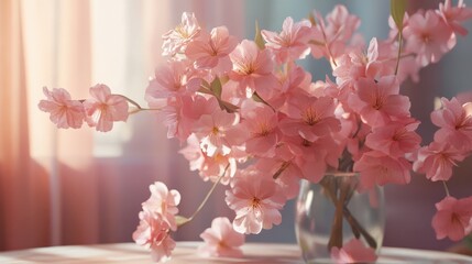 Delicate pink blossoms in a vase illuminated by morning light creating a serene floral ambiance for home decor and aesthetic inspirations