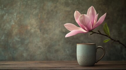 Obraz premium Pink magnolia flower beside a rustic mug filled with warm drink on a wooden table against a textured background