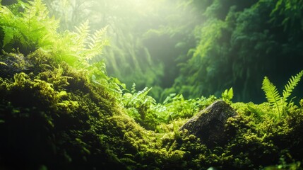 Lush green foliage and moss in serene mountain landscape illuminated by soft sunlight creating a natural and tranquil wallpaper backdrop