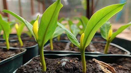New banana plant shoots emerging from soil showcasing vibrant green leaves and potential growth in a nurturing environment.
