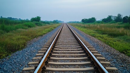Fototapeta premium Railway Tracks Stretching into Distance Surrounded by Lush Greenery at Construction Site under Cloudy Sky