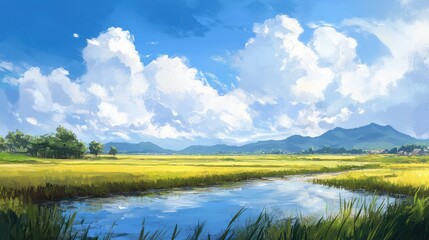 Fototapeta premium Serene Paddy Field under Blue Sky with Golden Rice Crops and Reflections in Water Surrounded by Lush Green Landscape and Mountains in Distance