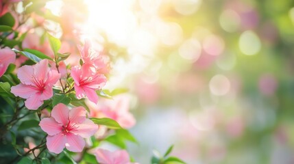 Fototapeta premium Pink Fuchsia Flowers with Green Leaves in Soft Focus Against a Bokeh Background of Blurred Light and Colorful Garden Setting