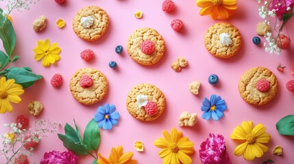Fototapeta premium Colorful picnic-themed cookie arrangement with fresh flowers and berries on a pink background inviting a cheerful summer atmosphere.