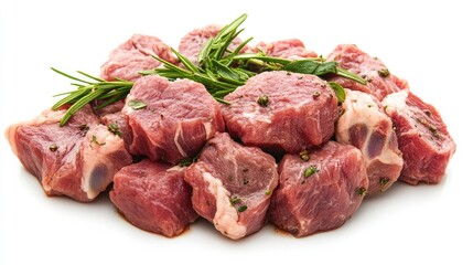Obraz premium Fresh cut raw pork with aromatic herbs and spices ready for preparation on white background