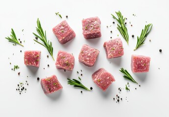 Freshly Cut Cubes of Raw Meat Surrounded by Sprigs of Rosemary and Spices on a White Surface Perfect for Culinary and Food Photography Projects