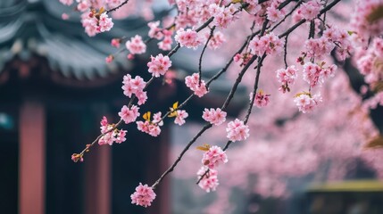 delicate pink cherry blossoms in spring garden with blurred traditional architecture background