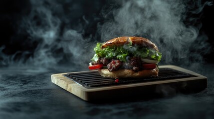Grilled beef burger with fresh vegetables on a wooden board against a dark smoky background for culinary and food advertising concepts