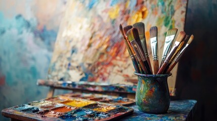 Fototapeta premium Artistic workspace with paintbrushes in a jug palette paint tubes and vibrant abstract painting on easel in a creative studio setting