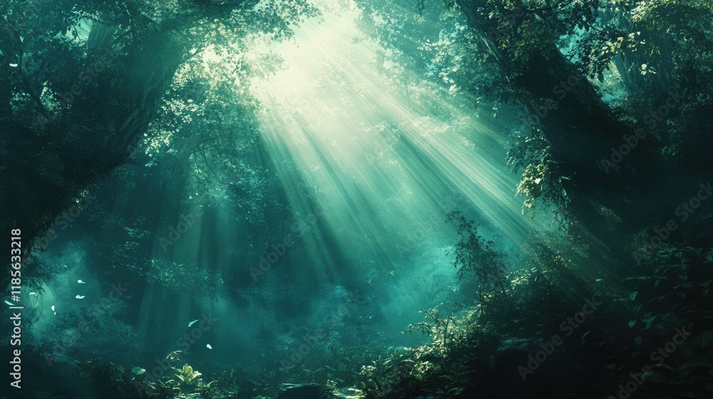 Poster enchanting sunlight streaming through dense forest canopy creating a mystical atmosphere with lush g