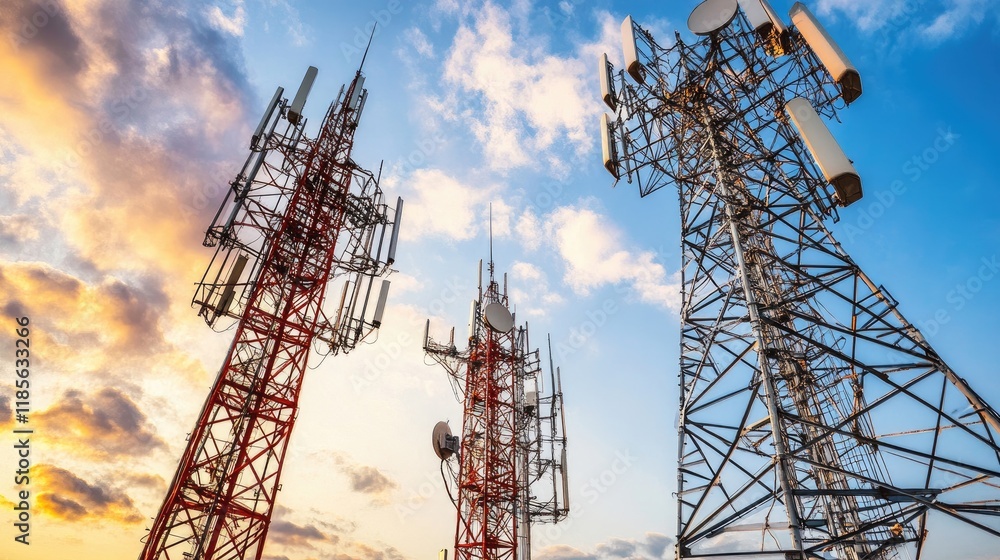 Poster a close-up of a cell phone tower with detailed equipment, set against a background of cloudy sky, em