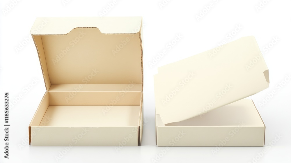 Poster empty open carton boxes with one box lid removed showcasing packaging design and interior space for 