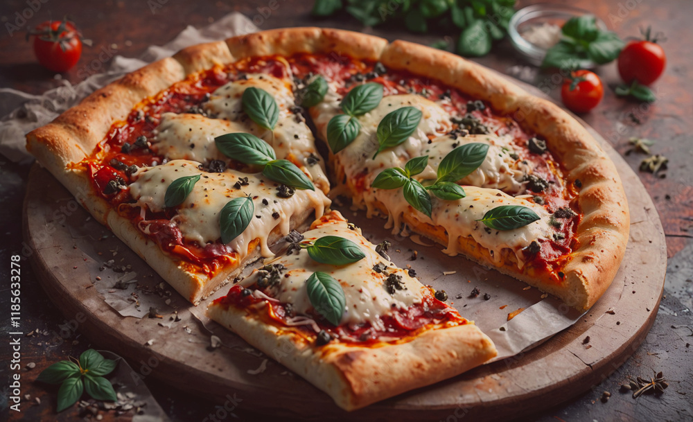 Poster slice of pizza with basil leaves on top. the slice is missing. the pizza is on a wooden board