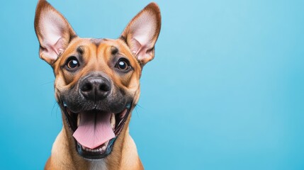 Obraz premium Playful dog portrait with a cheerful expression set against a vibrant blue beach background celebrating joy and companionship.