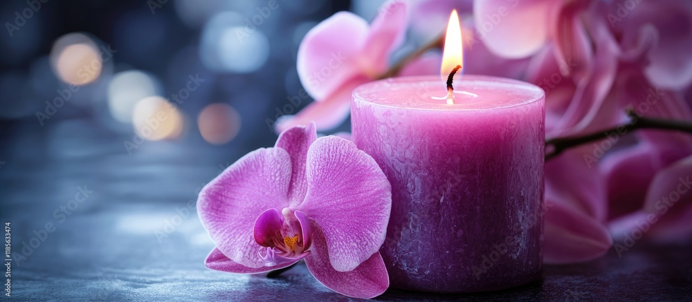 Poster purple orchid and natural candle in laboratory setting with bokeh background and space for text eleg