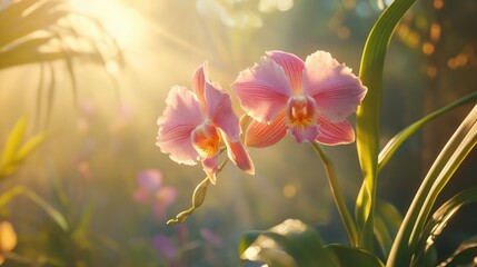 Delicate pink orchid blossoms illuminated by soft sunlight in a serene garden setting showcasing natural beauty and tranquility.