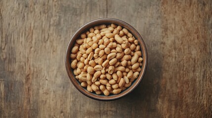 Raw peanuts in a rustic bowl on a wooden surface showcasing natural textures and earthy tones, perfect for food and nutrition themes.