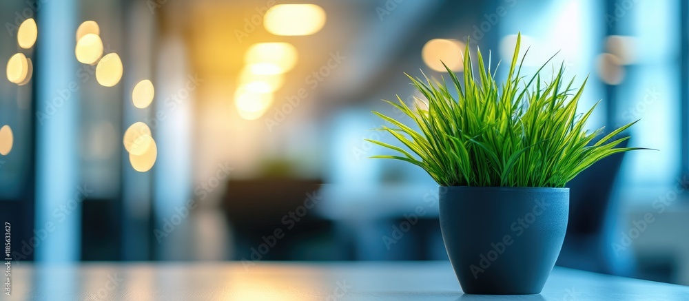 Aufkleber Potted plant beautifying modern office space creating a serene atmosphere with soft bokeh background for a natural work environment