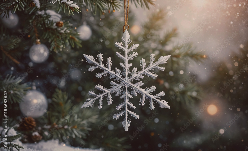 Aufkleber Snowflake ornament hangs from a tree. The snowflake is white and has a gold chain