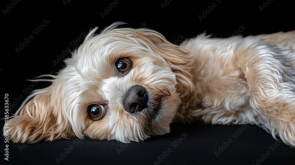 Poster playful light colored dog lying down with an expressive gaze against a dark background capturing a m