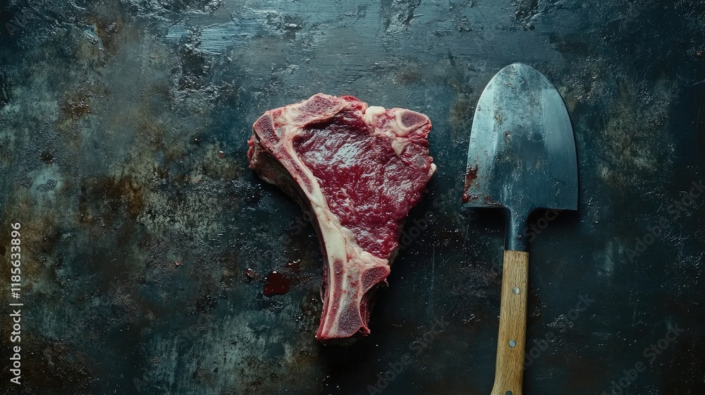Aufkleber raw t-bone steak and hatchet on rustic background displaying fresh meat preparation for grilling or 