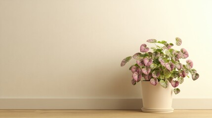 Naklejka premium Rainbow String of Hearts House Plant in Serene Interior Setting with Minimalistic Blank Wall Space for Modern Decor